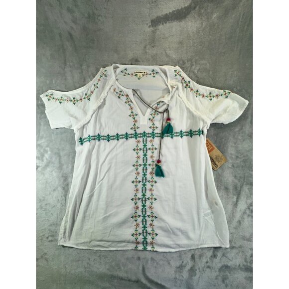 Ruff Hewn Womens Blouse Large Boho Embroidered Cold Shoulder Short Sleeve Tassel - Picture 15 of 16